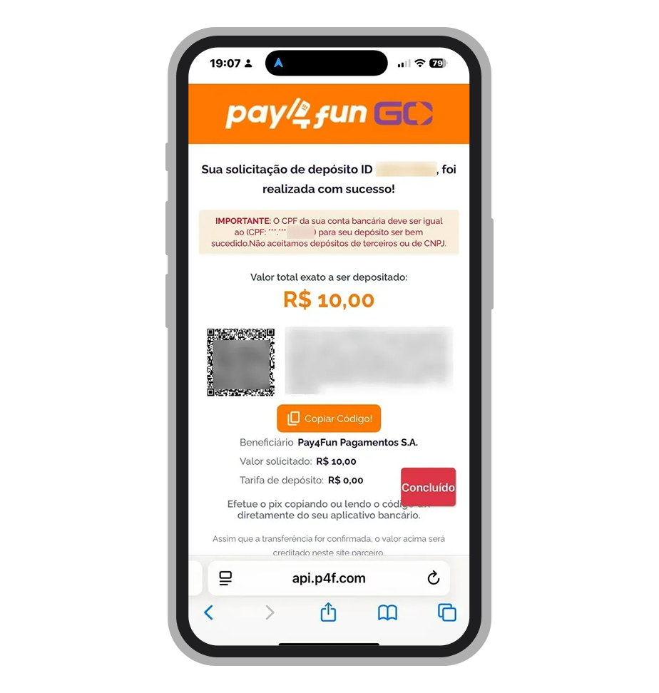 Finalize o depósito no 1xBet usando Pix via Pay4Fun com QR Code