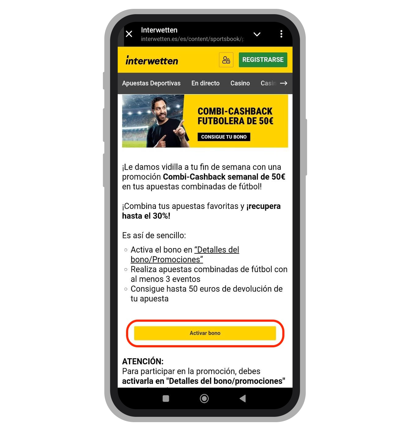 Interwetten. Reembolso semanal de combinadas