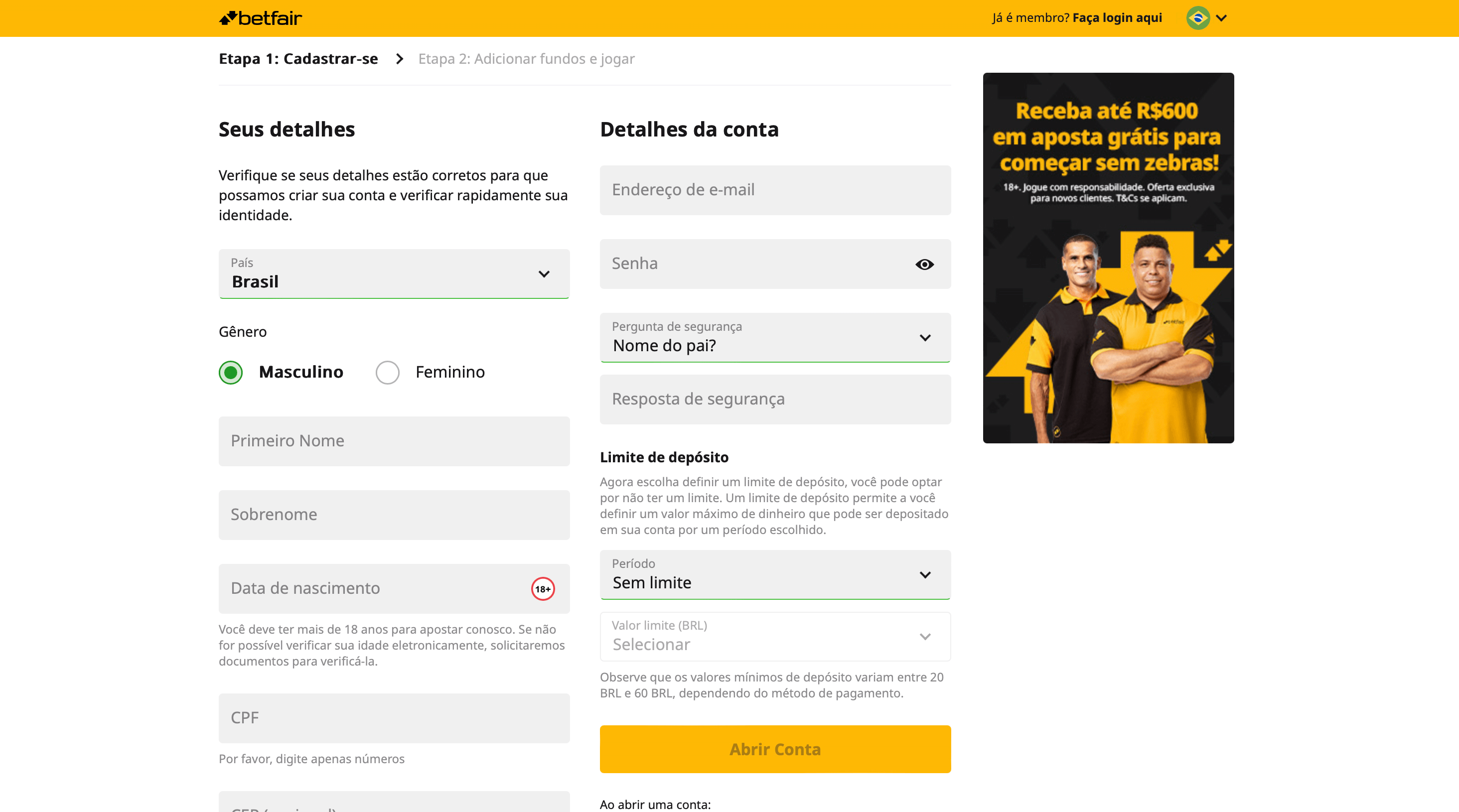 O formulário de cadastro no site desktop