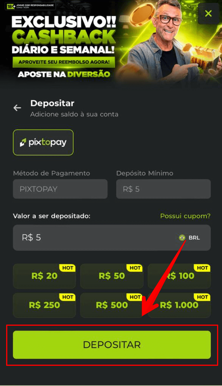Insere o valor e cliquer em “Depositar”