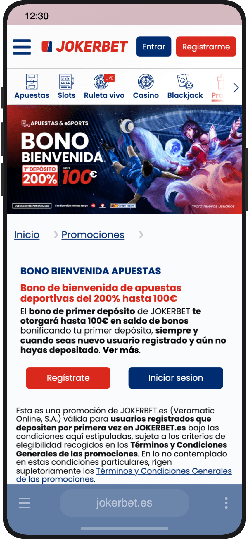 Página de la promoción de bono de bienvenida de apuestas deportivas del 200% hasta 100€ en JOKERBET