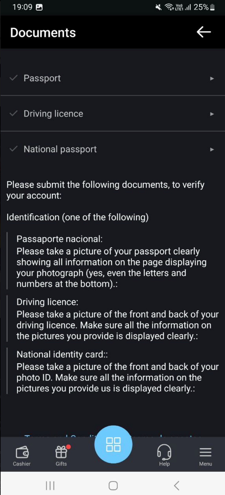 Requisitos para verificação de identidade.