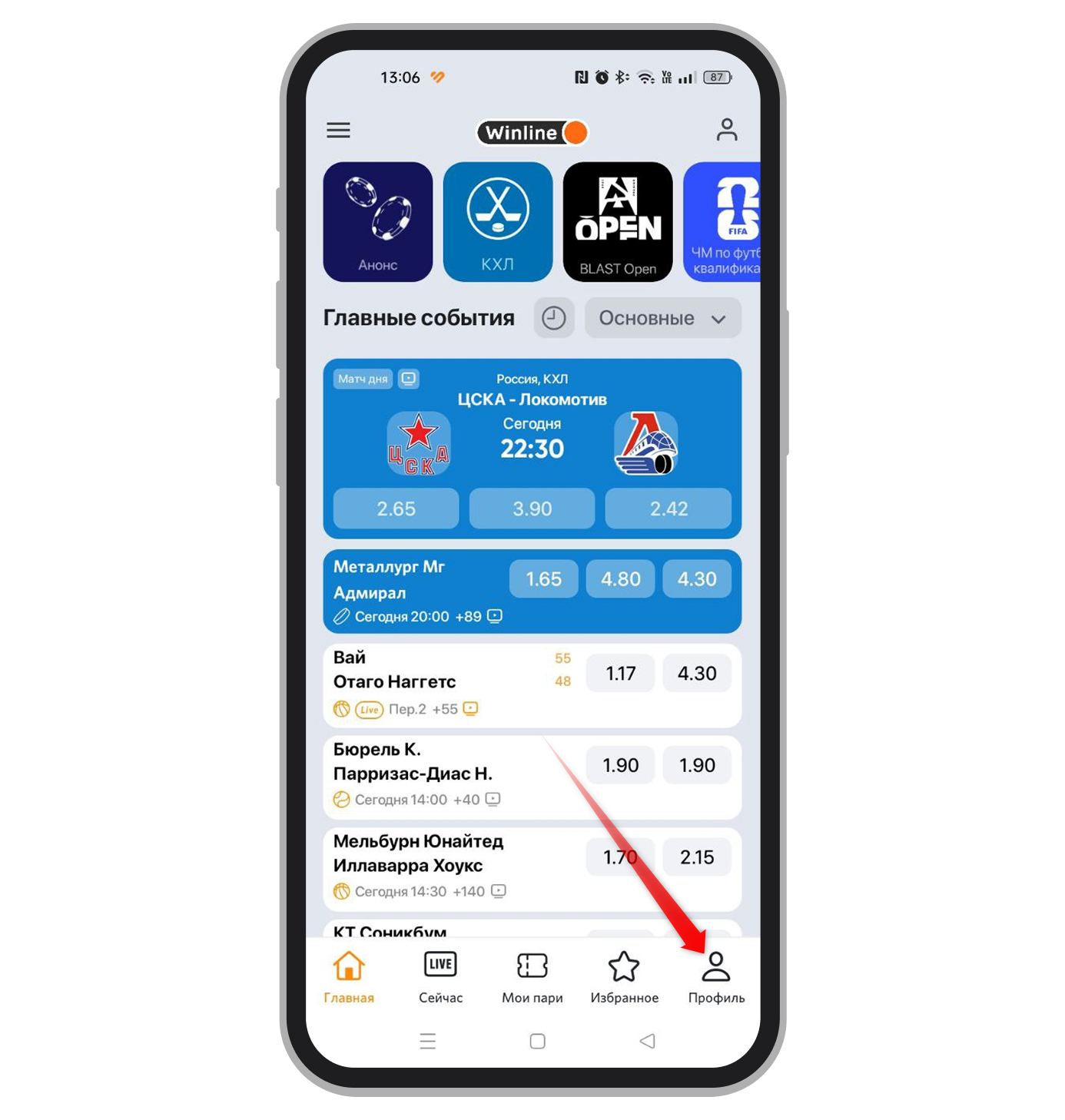 Кнопка «Профиль» в приложении