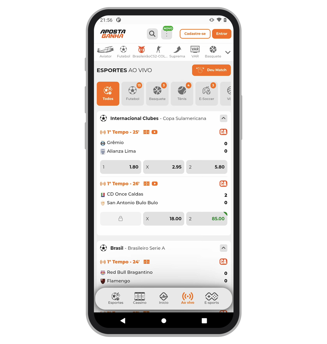 Apostas ao vivo na Aposta Ganha app