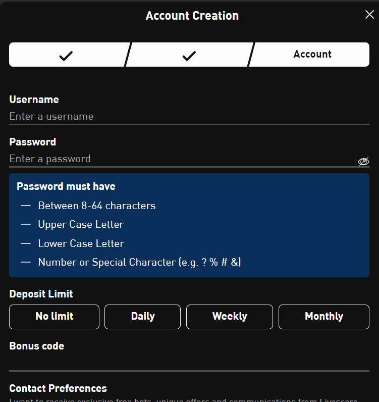 Create username and password