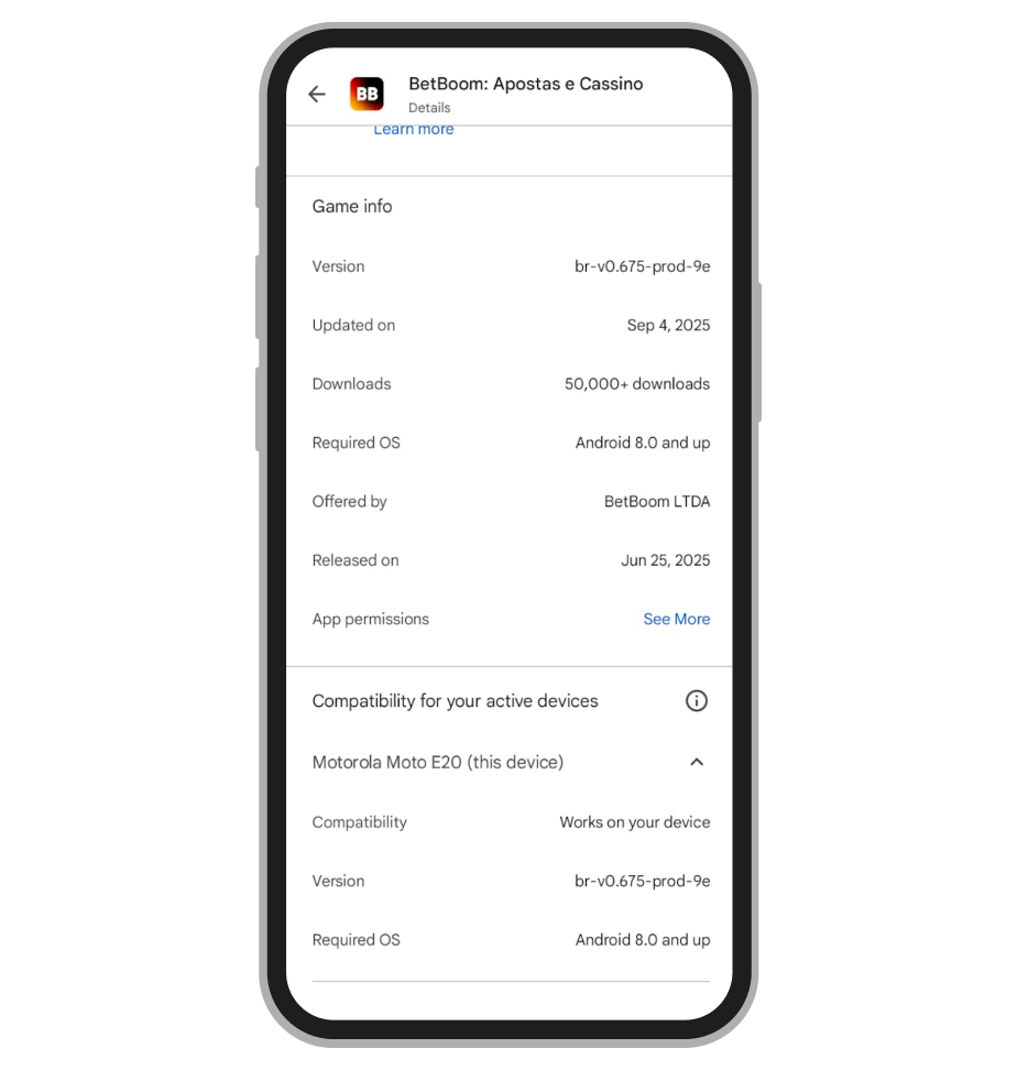 Requisitos do BetBoom app na Google Play