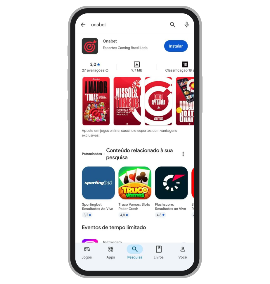 Tela de resultados da Google Play após pesquisar “Onabet”