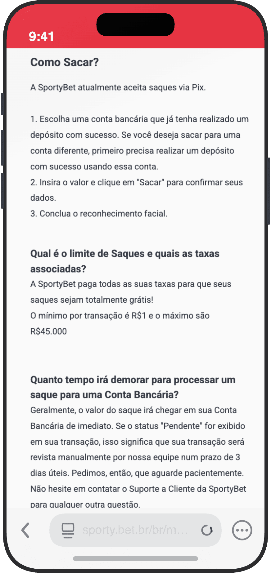 FAQ de saques da SportyBet com limite minimo de R$1, maximo R$45.000 e reconhecimento facial