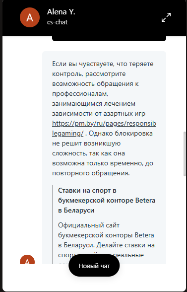 Предупреждение об ответственной игре в онлайн-чате