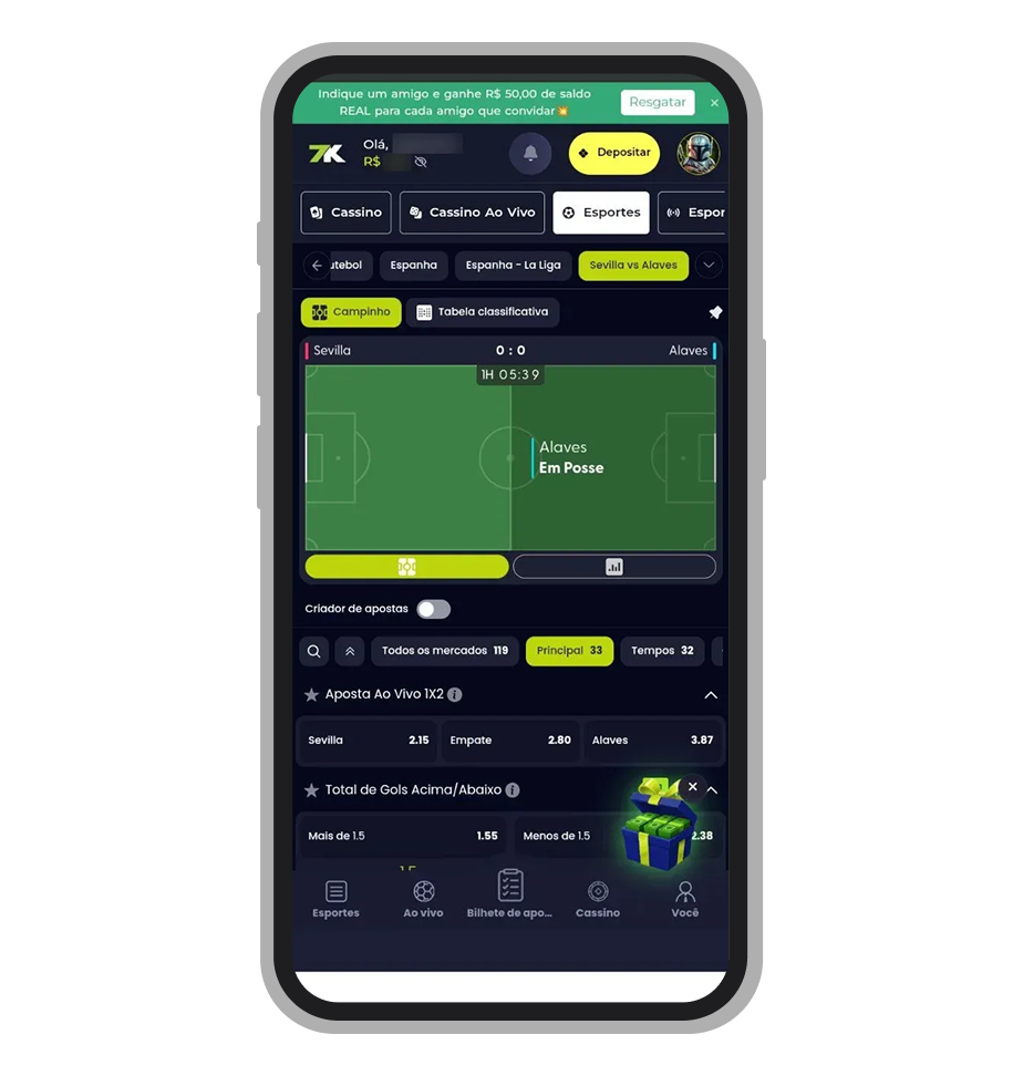 Interface de apostas na 7K.bet