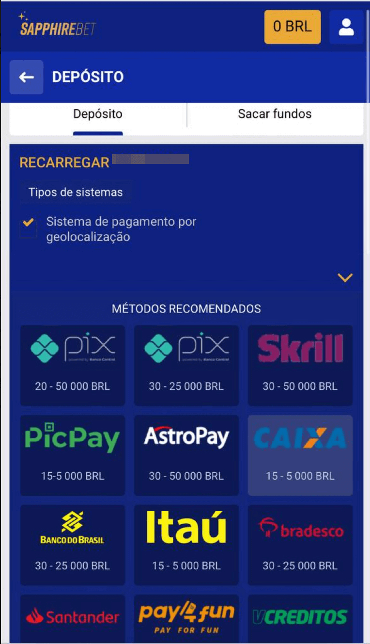 Depósitos no site mobile da SapphireBet