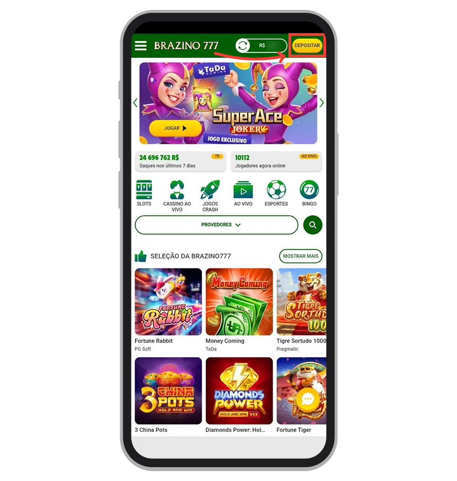 Toque em “Depositar” na tela inicial