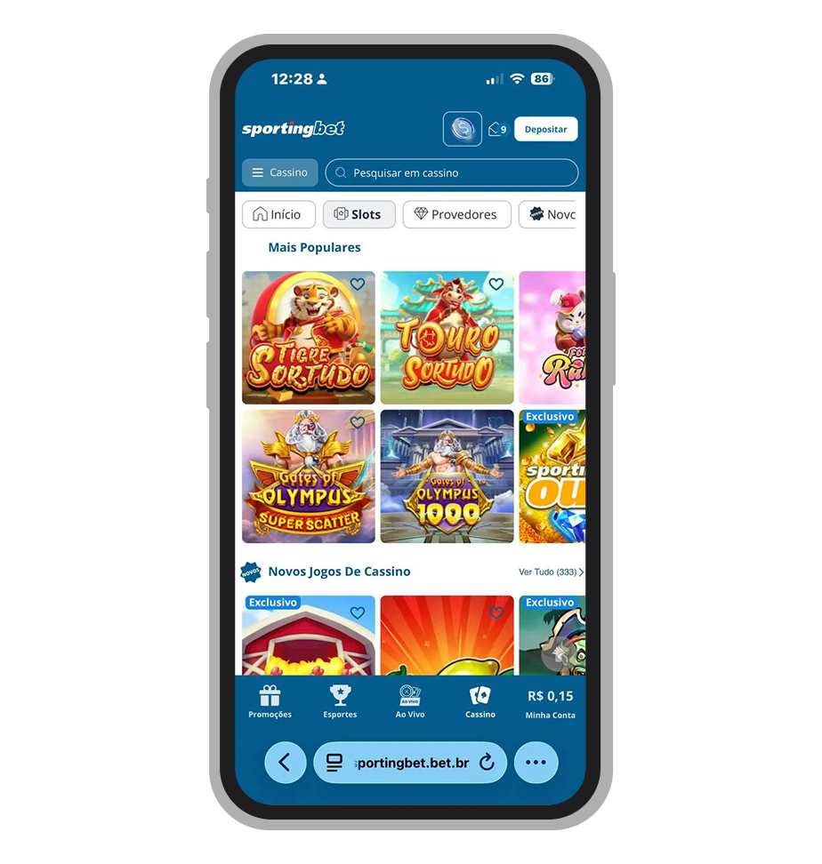 Lobby de slots do cassino Sportingbet com 2.755 títulos organizados por provedor