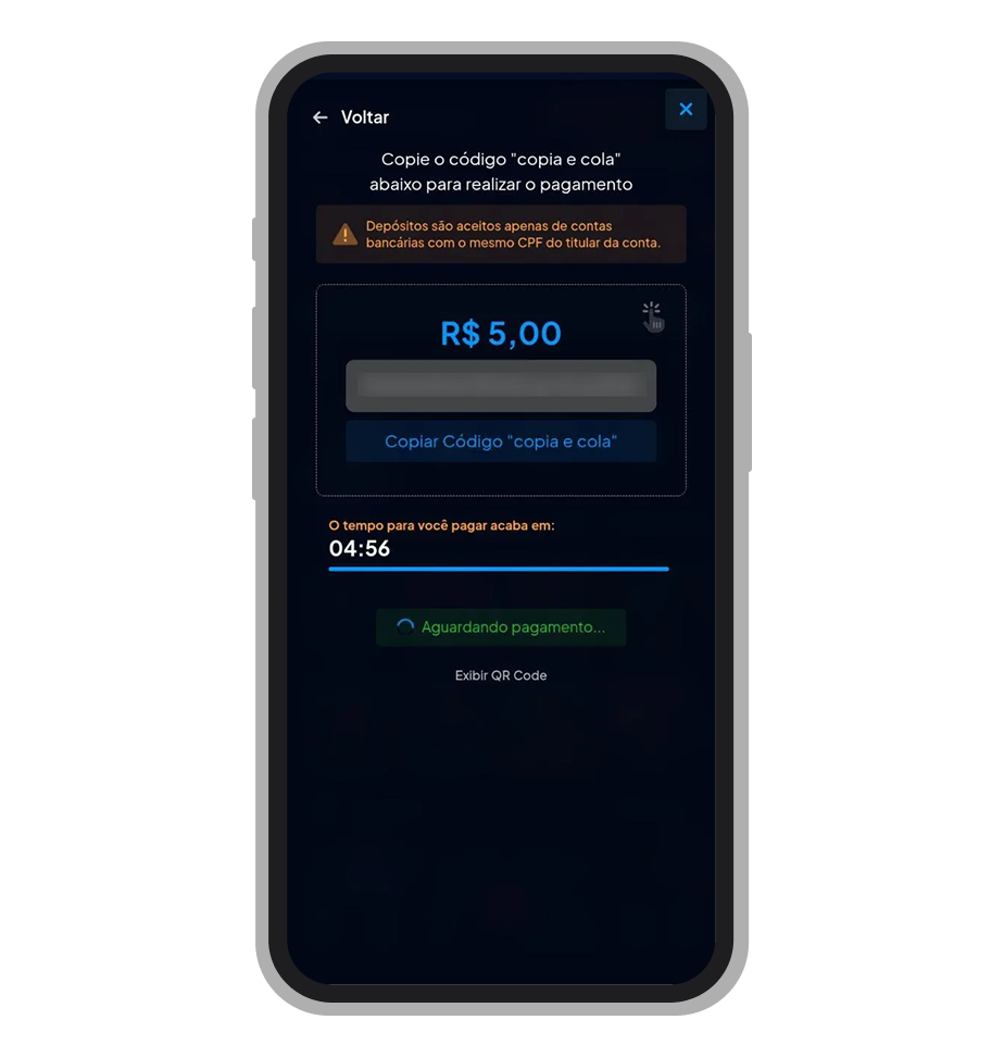 Tela de depósito do aplicativo Apostatudo com pagamento via Pix, seleção de intermediador 