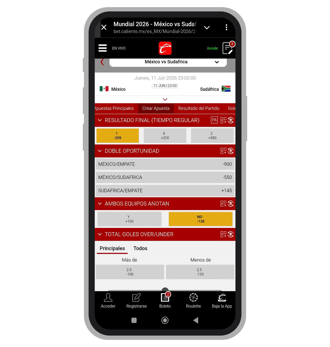 Crear Apuesta. Caliente