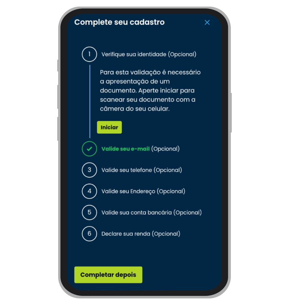 Procedimento KYC no app da Pixbet