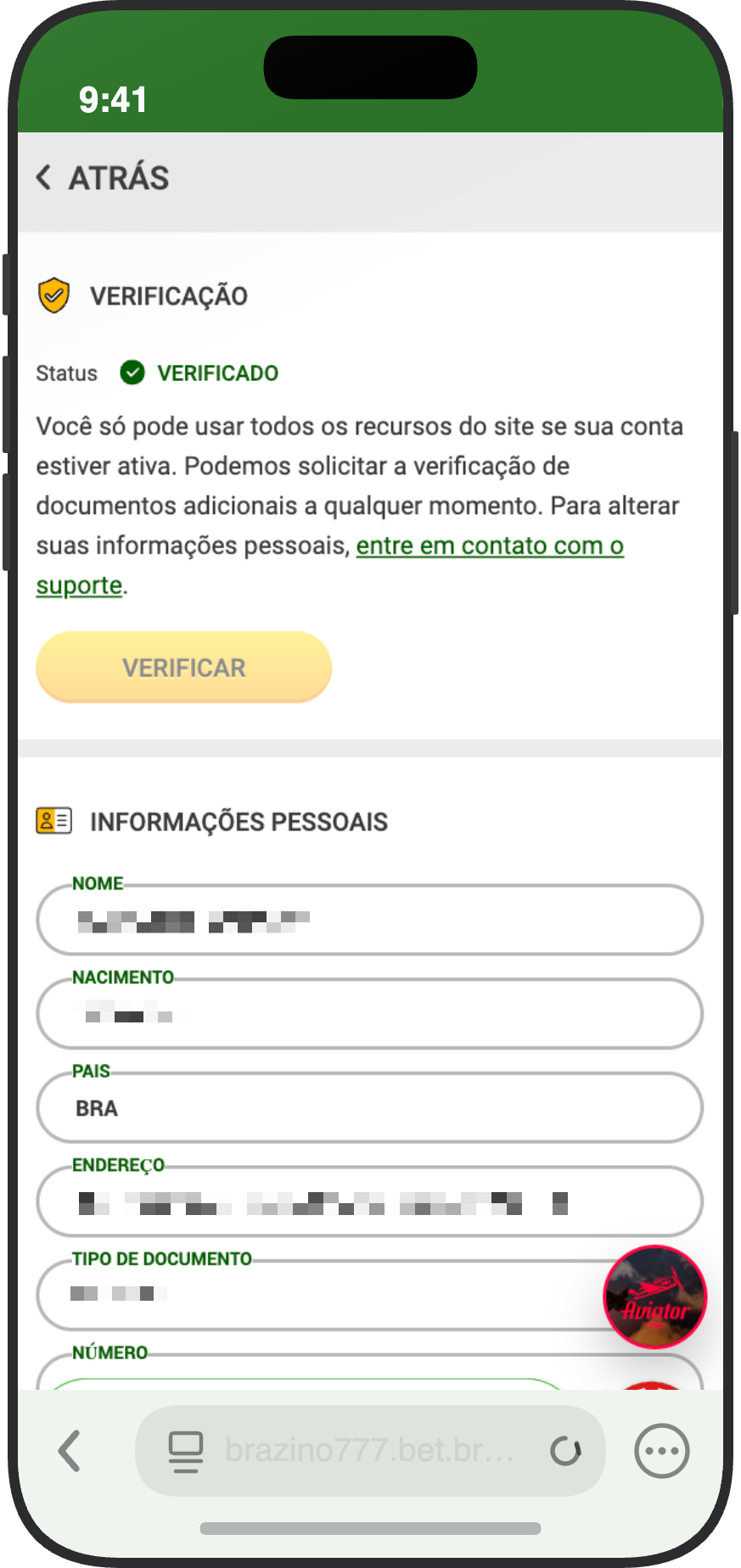 Tela de verificação de conta da Brazino777 com status verificado e dados pessoais