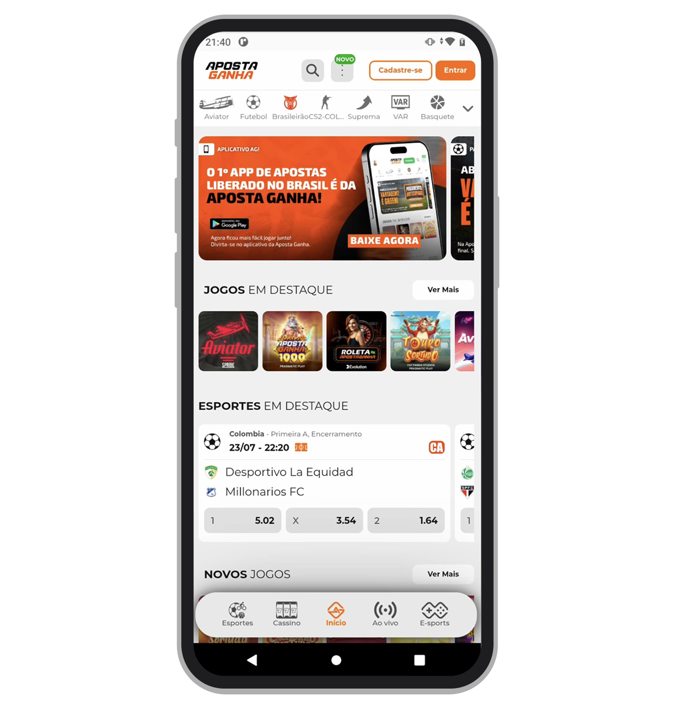 Clique no botão Cadastre-se na tela inicial do app Aposta Ganha