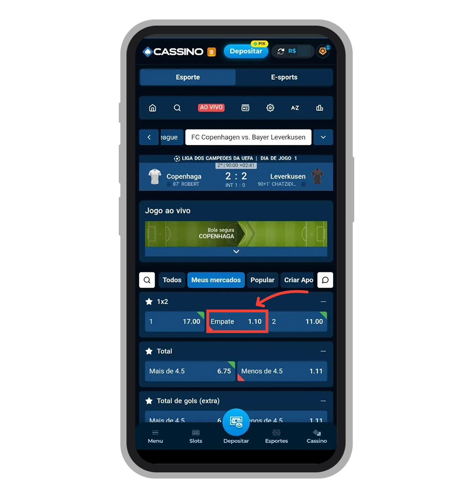 Toque no evento em que gostaria de apostar e escolha o resultado