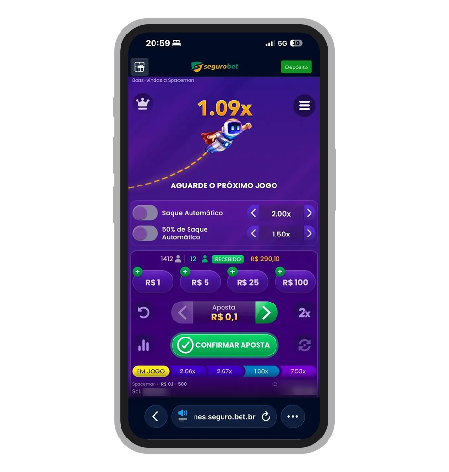 Spaceman no site mobile da Segurobet