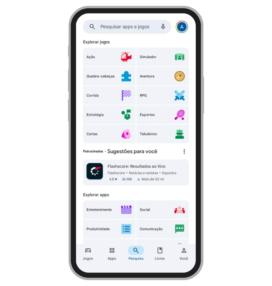 Abra a Google Play Store no seu celular