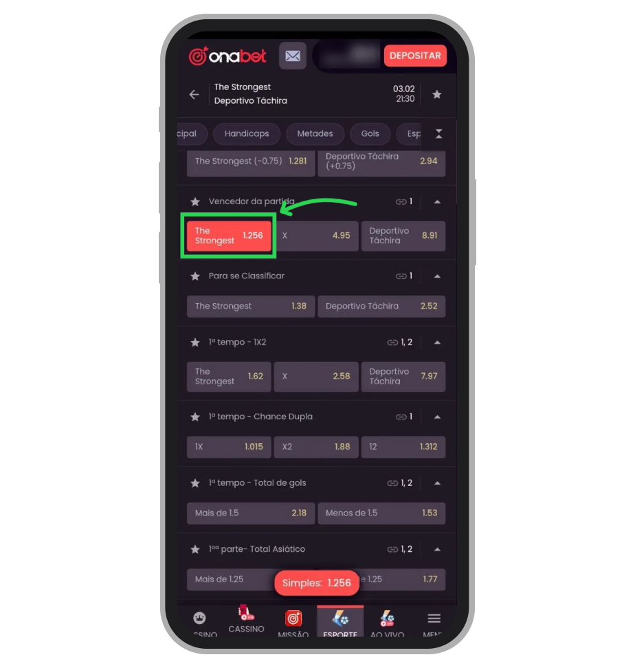 Toque no resultado em que quer apostar 