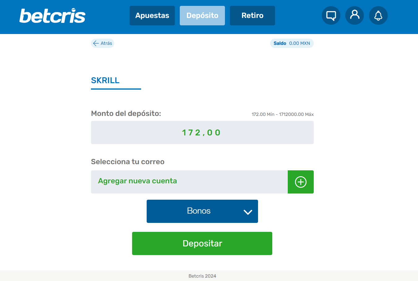 Depósito en Betcris