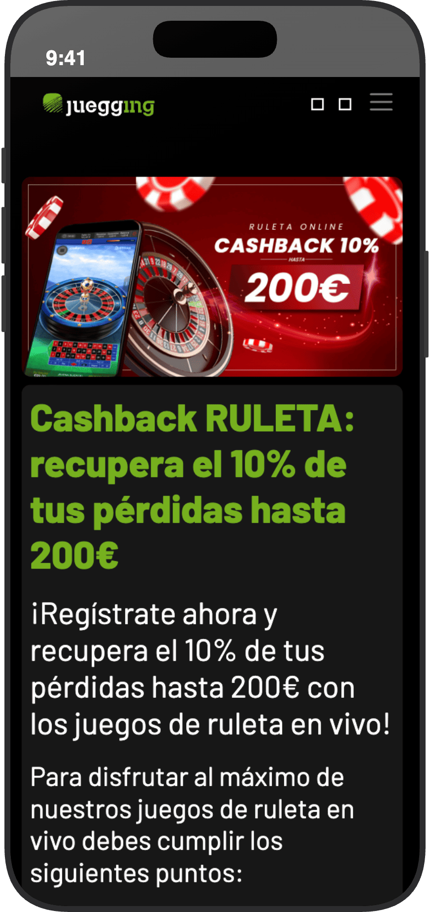 Cashback de Juegging en ruleta en vivo con devolución del 10 por ciento hasta 200 euros
