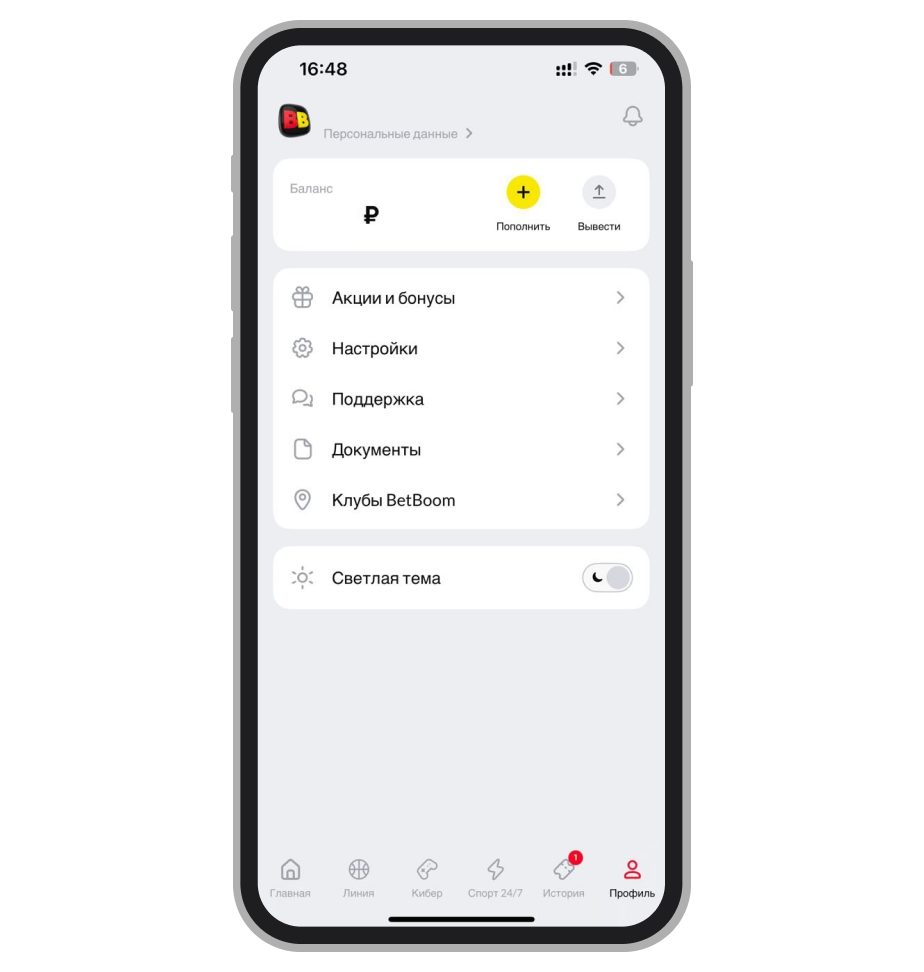 Личный кабинет в приложении BetBoom