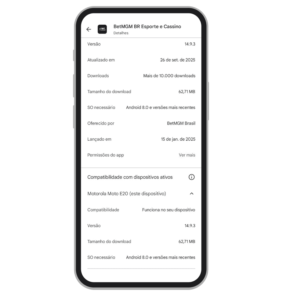 A descrição de requisitos do app na Google Play