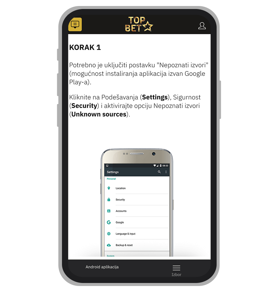 Top Bet uputstvo za instalaciju Android aplikacije