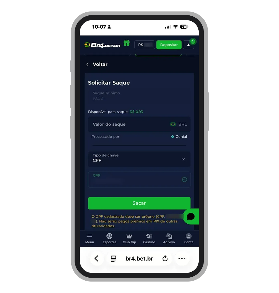 Tela de saque via Pix da Br4Bet exigindo chave CPF do titular da conta