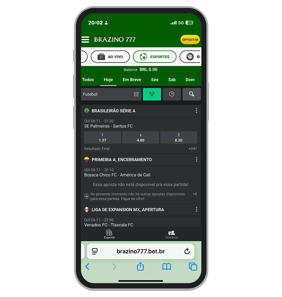 Calendário ao vivo da Brazino777