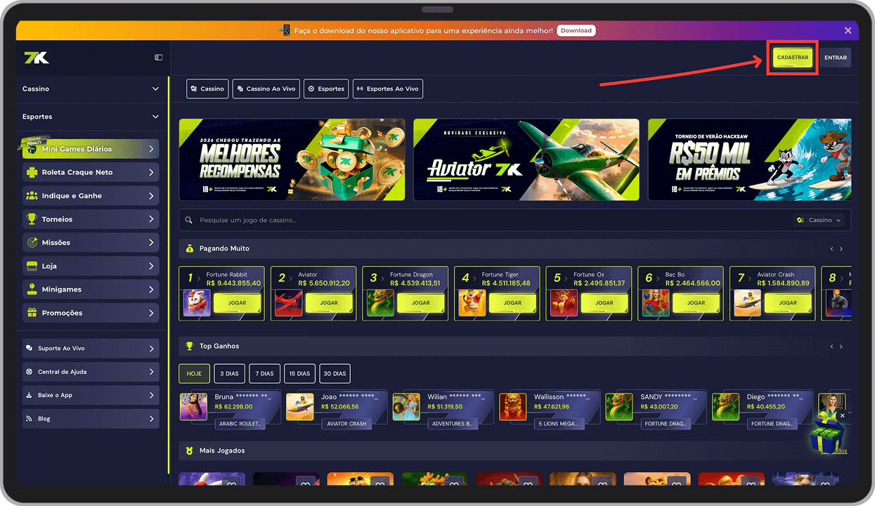 Visão do site da 7K.bet no computador, com a área de login e registro no menu superior