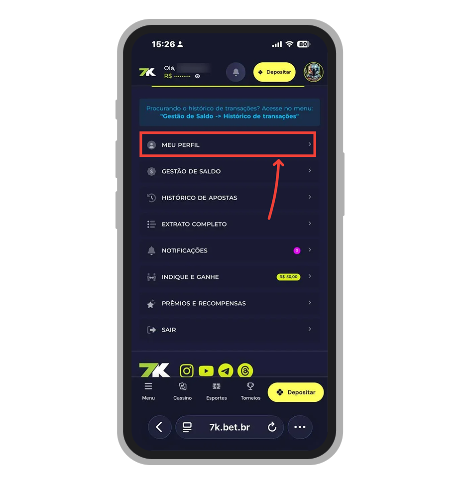 Selecione "Meu Perfil" no menu da conta 