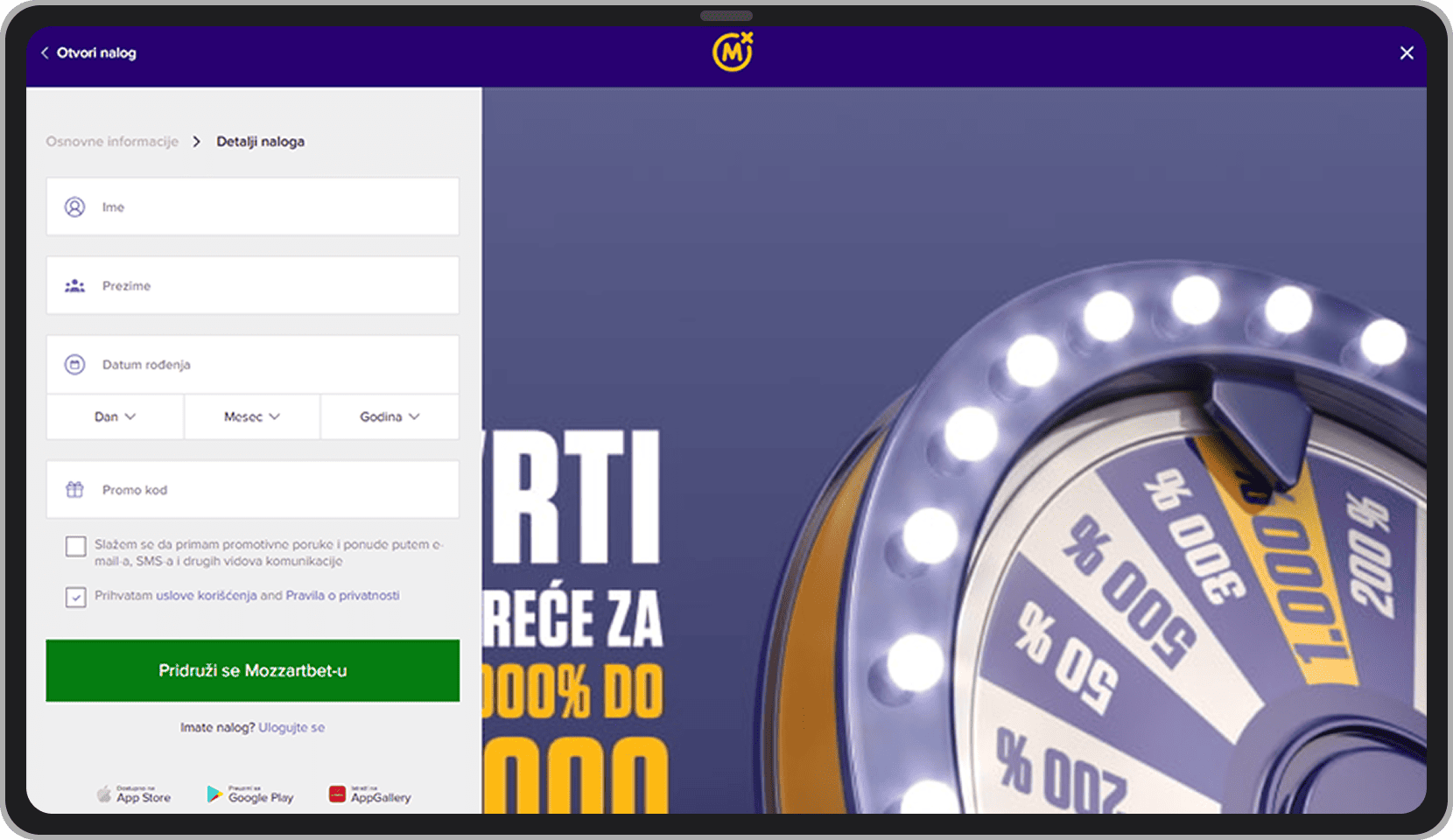 Detalji naloga na Mozzart Bet