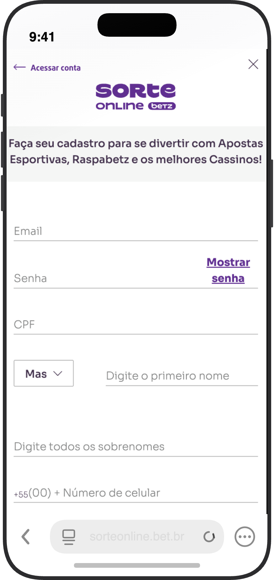 Formulário de cadastro da Sorte Online Betz