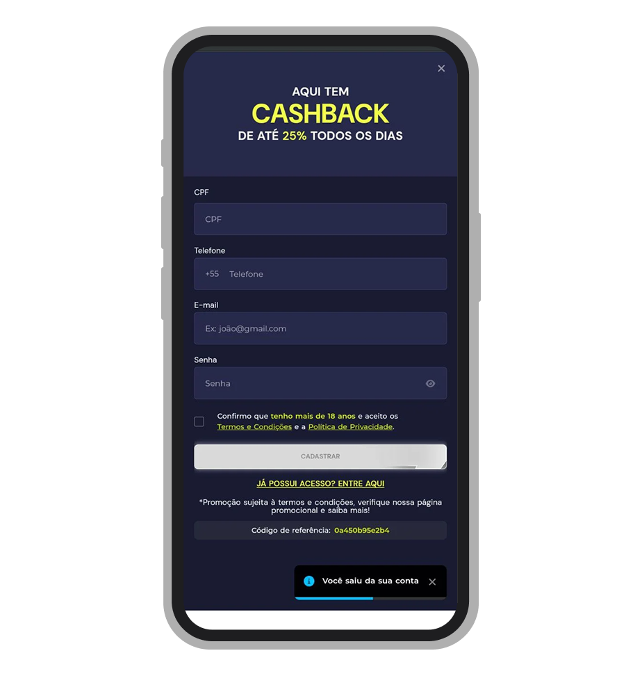 Preencha o formulário de cadastro do app Bet7K