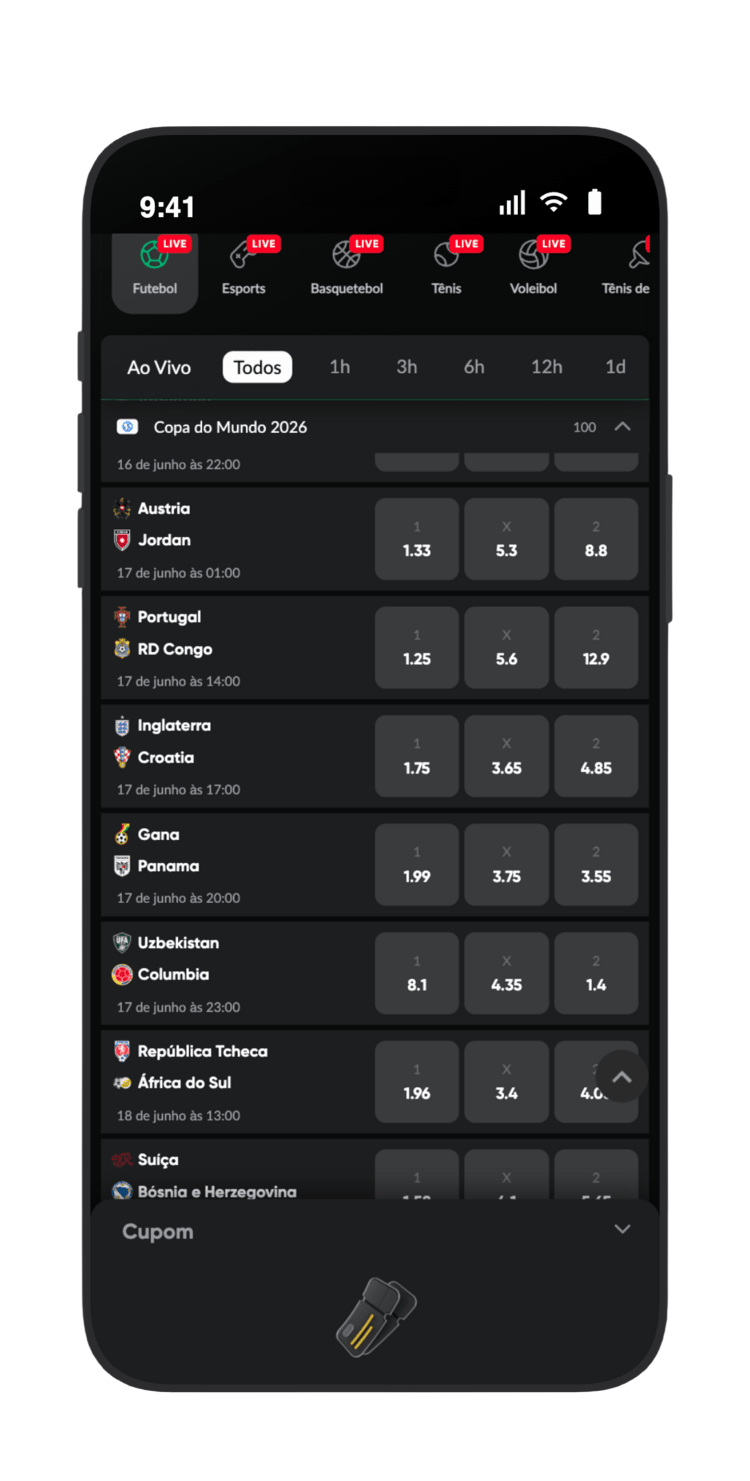 Odds 1X2 dos jogos da primeira rodada da Copa 2026 na BetBoom — parte 2