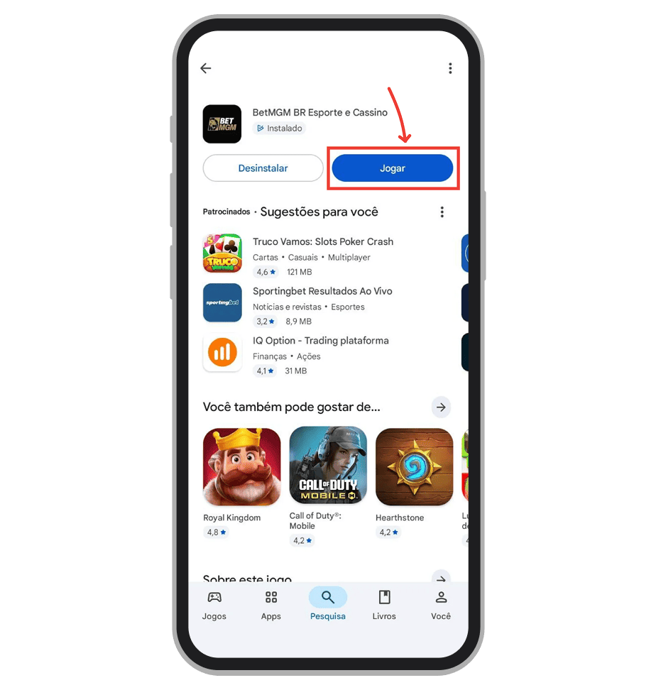 Clique em “Jogar” para abrir o aplicativo BetMGM
