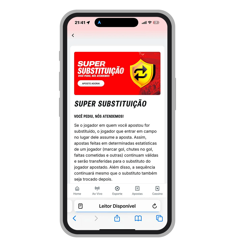 Se o jogador apostado for substituído, a aposta continua válida com o atleta que entrar em campo