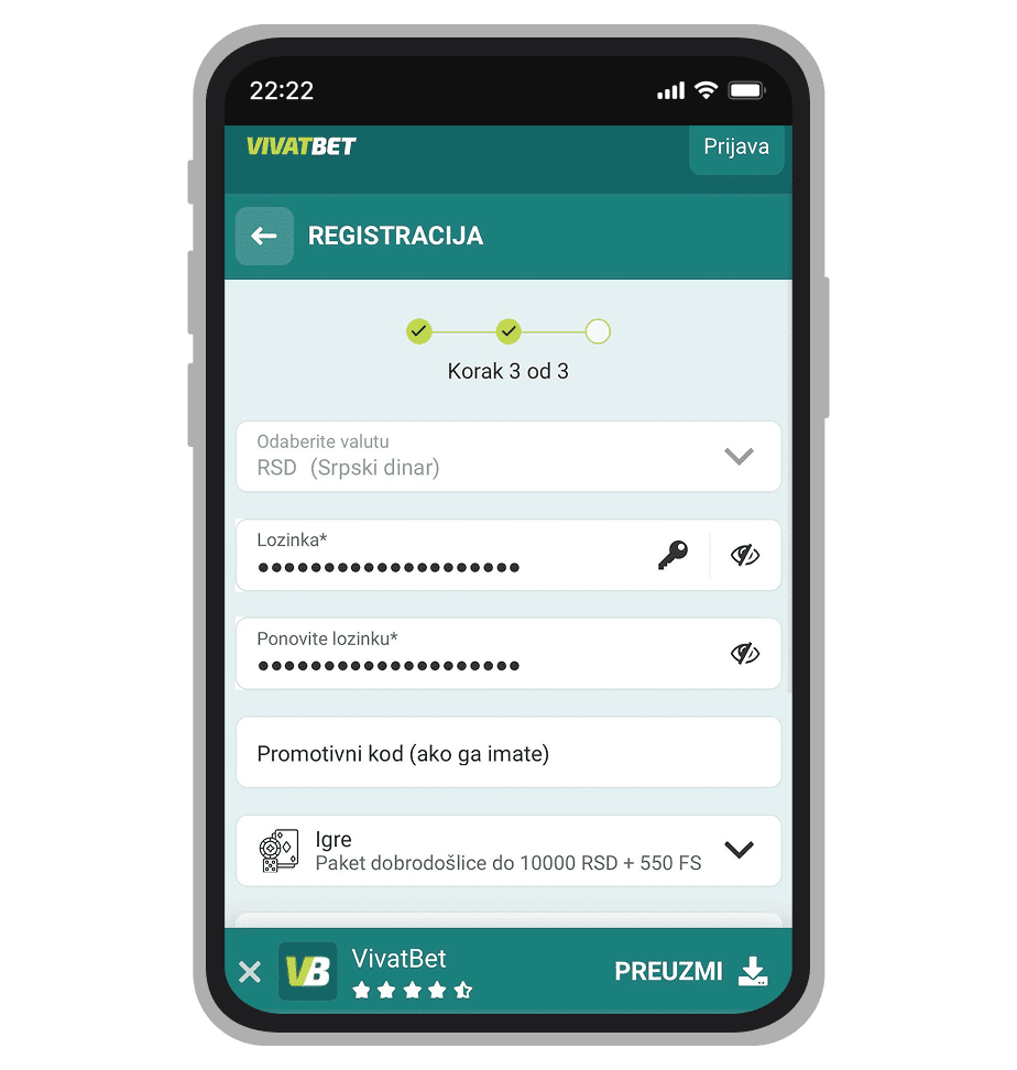 Odabir bonusa na stranici Vivatbet