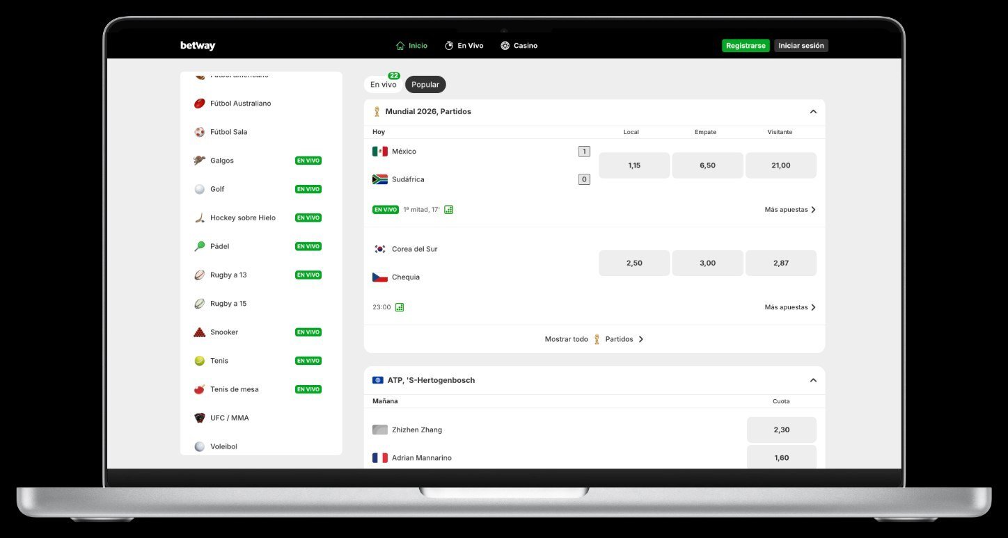 Página principal de Betway con cuotas del Mundial 2026 en vivo, lista de deportes y sección de tenis ATP