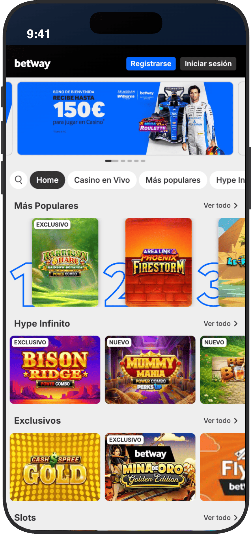 Lobby del casino de Betway España con el banner del bono de bienvenida de hasta 150€
