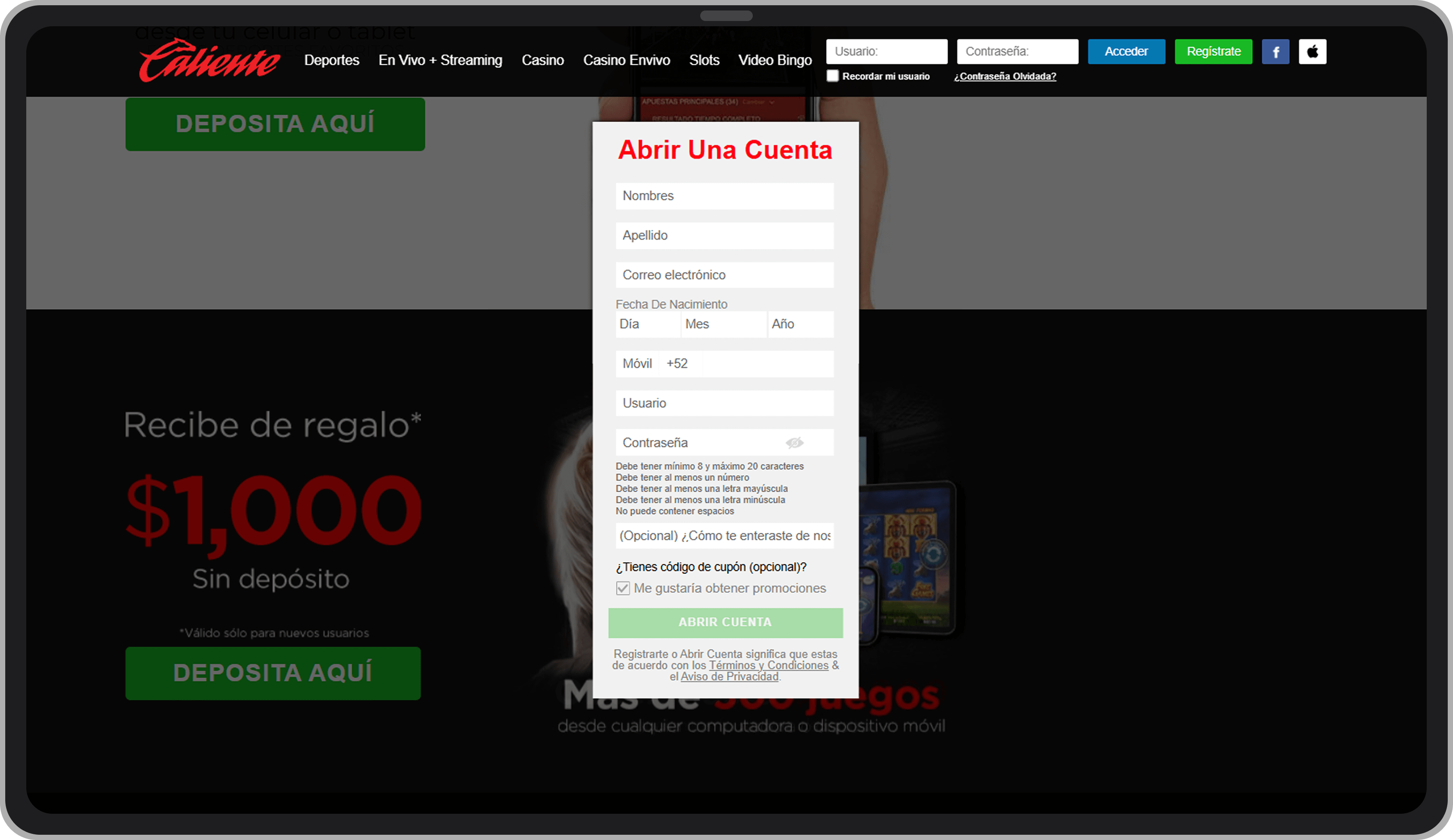 Caliente. Formulario de registro