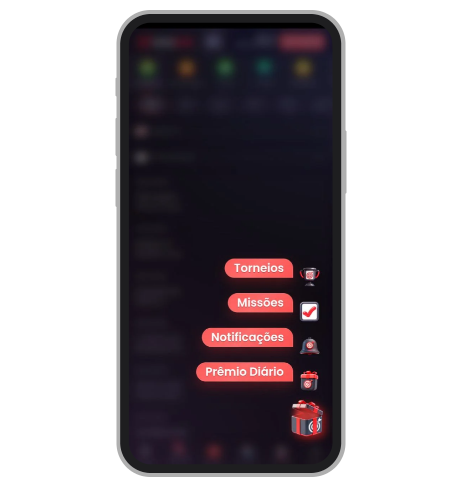 Menu de atalhos flutuante do app com botões rápidos para “Torneios”, “Missões” e “Prêmio Diário”