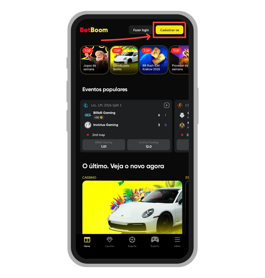 Toque  no botão amarelo de cadastro no app da BetBoom