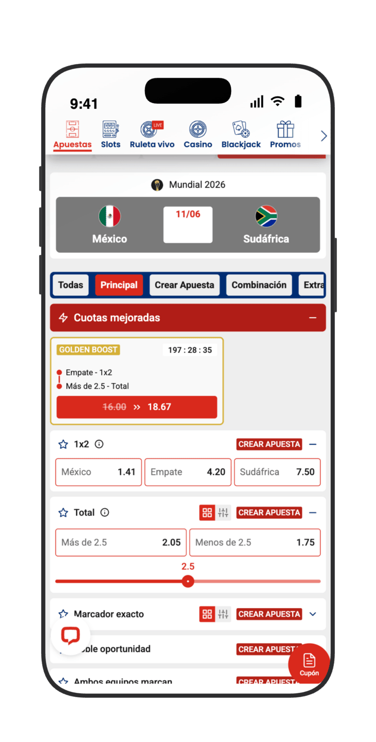 Mercados de México vs Sudáfrica en JOKERBET: 1X2 (México 1.41, Empate 4.20, Sudáfrica 7.50), cuotas mejoradas Golden Boost y más/menos de 2.5 goles