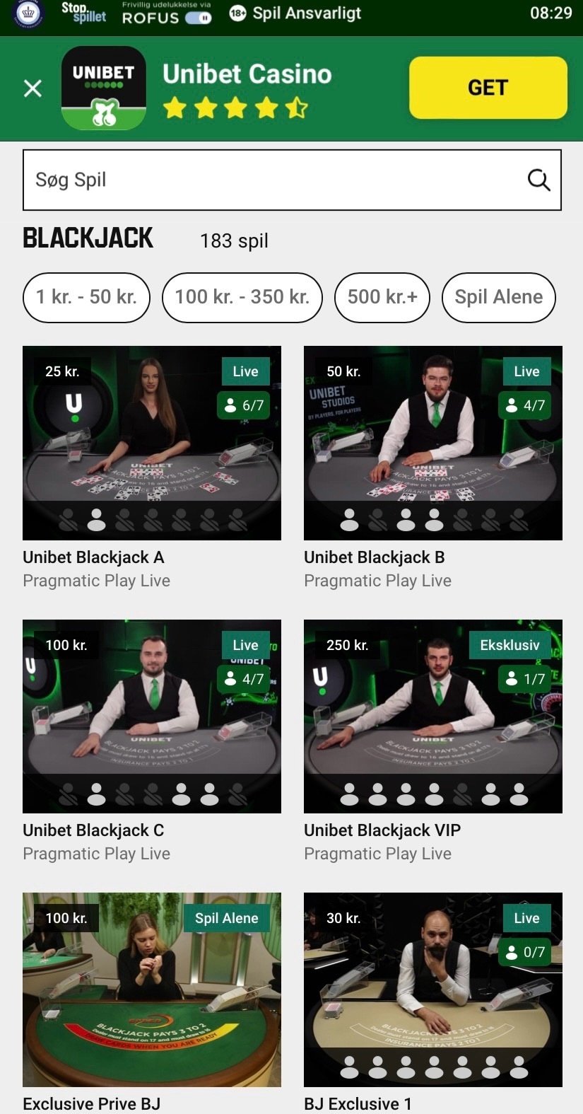 Unibet Live Blackjack