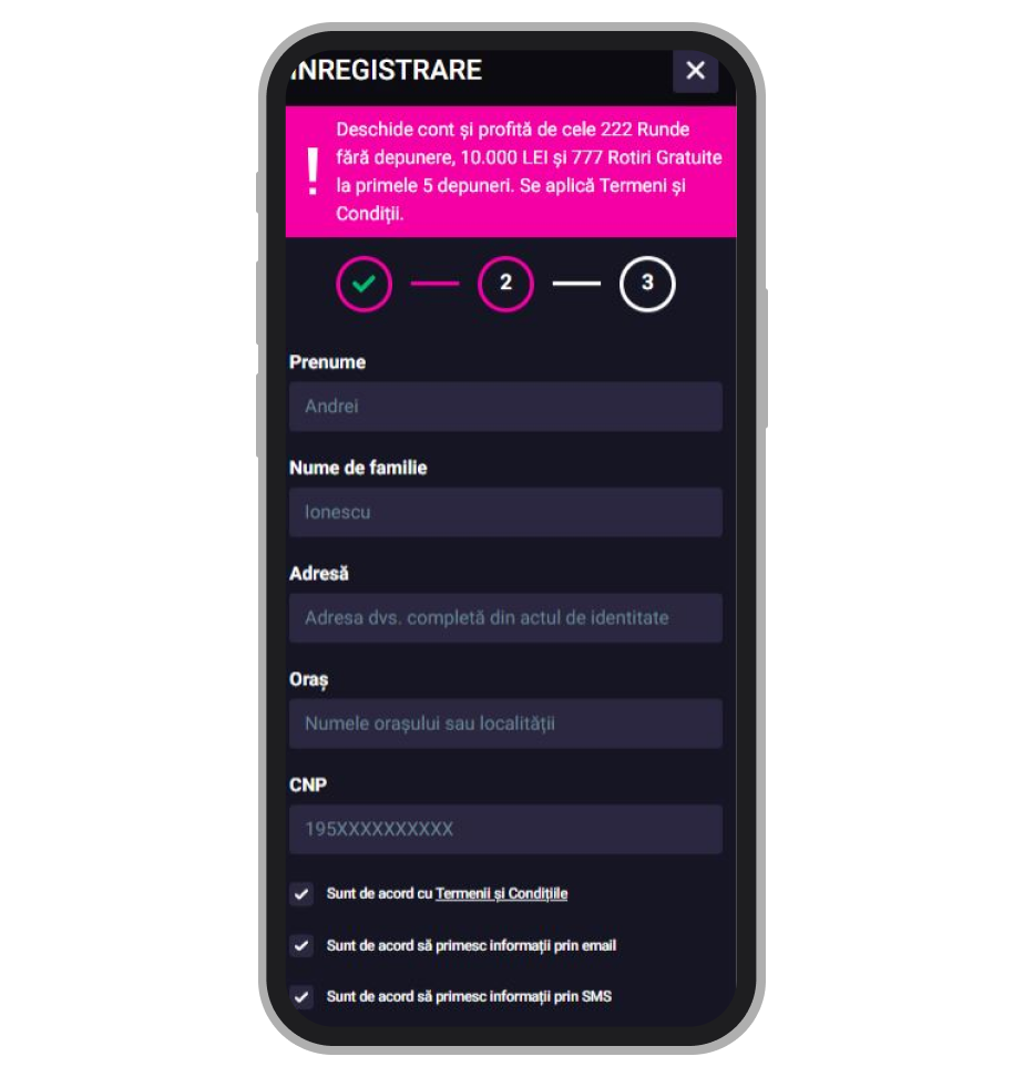 Introducerea datelor personale